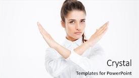  Presentation with globe hands cross - Slides featuring interdiction sign - beautiful young businesswoman with crossed background and a sky blue colored foreground