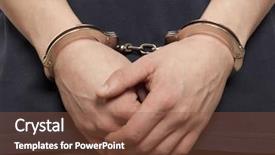  Presentation with handcuffed - Presentation theme featuring restraint - close-up arrested man handcuffed hands background and a tawny brown colored foreground