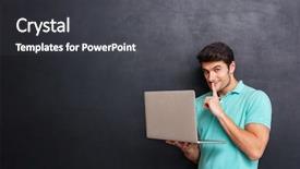  Presentation with gold man smile - PPT theme having restraint - smiling young man using laptop background and a dark gray colored foreground