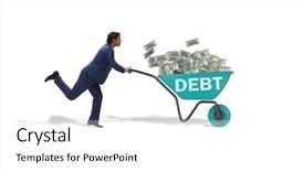  Presentation with loan - Beautiful slide set featuring restructuring - businessman pushing wheelbarrow in debt backdrop and a white colored foreground