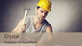  Presentation with worker - Slides with restructuring - worker with yellow helmet builds background and a coral colored foreground