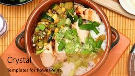  Presentation with chicken - Slide deck with resturant - seared chicken and tomatillo salsa background and a  colored foreground