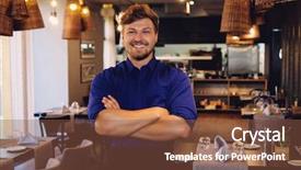  Presentation with restaurant waiter - Beautiful presentation theme featuring resturant garson - cheerful waiter in modern restaurant backdrop and a tawny brown colored foreground
