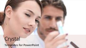  Presentation with tubes - Audience pleasing theme consisting of results dropped - woman looking at test tubes backdrop and a  colored foreground