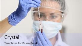  Presentation with blood - Slides with results dropped - woman working with blood sample background and a light blue colored foreground