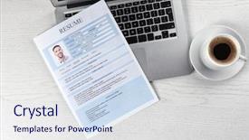  Presentation with resume - Presentation theme enhanced with resume and laptop on wooden background and a sky blue colored foreground