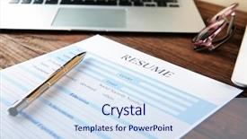  Presentation with resume - Beautiful slide set featuring resume on wooden table backdrop and a sky blue colored foreground