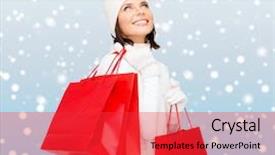  Presentation with retail - Theme with retail and sale concept - happy woman in winter clothes with shopping bags background and a red colored foreground