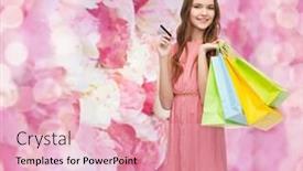  Presentation with credit card - Slide set with retail and sale concept - smiling woman in dress with many shopping bags and credit card background and a lemonade colored foreground