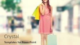  Presentation with retail - Presentation theme featuring retail and sale concept - smiling woman in dress and high heels with many shopping bags background and a lemonade colored foreground