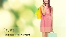  Presentation with retail - Slides enhanced with retail and sale concept - smiling woman in dress and high heels with many shopping bags background and a blonde colored foreground