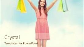  Presentation with retail - Beautiful PPT theme featuring retail and sale concept - smiling woman in dress and high heels with many shopping bags backdrop and a cream colored foreground