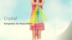  Presentation with retail - Slides having retail and sale concept - smiling woman in dress and high heels with many shopping bags background and a cool aqua colored foreground