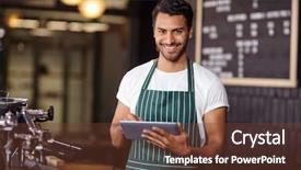  Presentation with bar - Presentation theme enhanced with retail beverage - smiling barista using tablet background and a tawny brown colored foreground