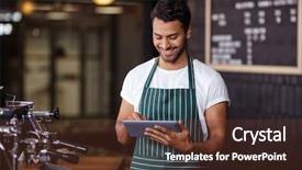  Presentation with bar - Beautiful PPT layouts featuring retail beverage - smiling barista using tablet backdrop and a tawny brown colored foreground