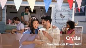  Presentation with snacks - Beautiful PPT layouts featuring retail beverage - smiling man feeding snacks backdrop and a coral colored foreground
