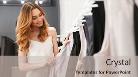  Presentation with choosing life partner - Amazing slide deck having retail change - beautiful young woman choosing dress backdrop and a  colored foreground