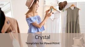  Presentation with boutique - Beautiful presentation theme featuring retail change - young woman shopping in boutique backdrop and a soft green colored foreground