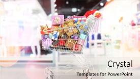  Presentation with shopping trolley - Colorful presentation design enhanced with retail christmas - market trolley with gifts backdrop and a lemonade colored foreground