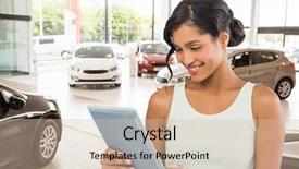  Presentation with digital car - Cool new presentation theme with retail corporation - smiling businesswoman using digital tablet backdrop and a soft green colored foreground