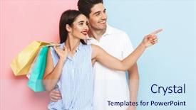  Presentation with young happy couple - Audience pleasing PPT layouts consisting of retail holiday - happy young couple standing isolated backdrop and a sky blue colored foreground