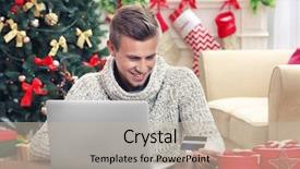  Presentation with cashback online shopping - Audience pleasing PPT theme consisting of retail holiday - young man shopping online backdrop and a mint green colored foreground