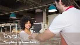  Presentation with customer solutions - PPT layouts with retail housing - smiling waiter doing transaction background and a coral colored foreground