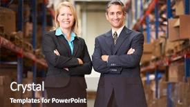  Presentation with distribution - Slides enhanced with retail management - businesswoman and businessman in distribution background and a  colored foreground