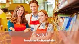  Presentation with leveling staff - Audience pleasing slides consisting of retail management - smiling sales team staff backdrop and a coral colored foreground