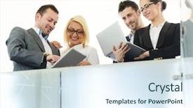  Presentation with young business people - Theme with retail management - young business people having conversation background and a sky blue colored foreground