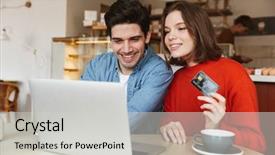  Presentation with credit card - PPT theme enhanced with retail network - cheerful young couple showing credit background and a light gray colored foreground