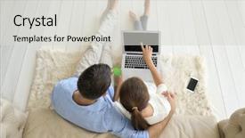  Presentation with internet of things home automation - Presentation having retail network - couple with laptop at home background and a light gray colored foreground