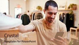  Presentation with clothes shop - PPT layouts having retail network - smiling hispanic man using smartphone background and a coral colored foreground