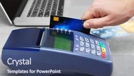 Presentation with credit card - Presentation theme featuring retail operasation - hand using bank terminal background and a  colored foreground