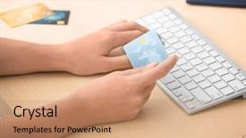  Presentation with credit card - Audience pleasing presentation consisting of retail operasation - hands of young woman backdrop and a coral colored foreground