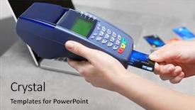  Presentation with credit card - Presentation consisting of retail operasation - hands using bank terminal background and a  colored foreground