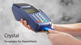  Presentation with credit card - Presentation theme enhanced with retail operasation - hands using bank terminal background and a light gray colored foreground