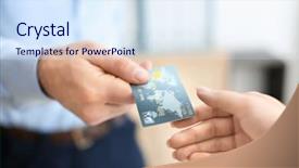  Presentation with credit card - Slides featuring retail operasation - man giving credit card background and a  colored foreground