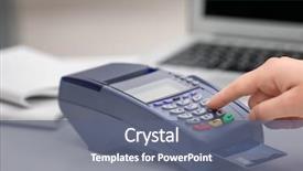  Presentation with accounting financial bank banking account - Colorful slide set enhanced with retail operasation - woman using bank terminal backdrop and a gray colored foreground