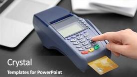  Presentation with accounting financial bank banking account - PPT layouts featuring retail operasation - woman using bank terminal background and a dark gray colored foreground