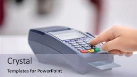  Presentation with credit card - Slide deck consisting of retail operasation - woman using bank terminal background and a light gray colored foreground