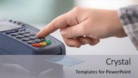  Presentation with accounting financial bank banking account - Colorful slide deck enhanced with retail operasation - woman using bank terminal backdrop and a light gray colored foreground