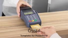  Presentation with credit card - PPT theme featuring retail operasation - woman using bank terminal background and a  colored foreground
