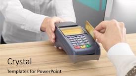  Presentation with credit card - Amazing PPT theme having retail operasation - woman using bank terminal backdrop and a  colored foreground