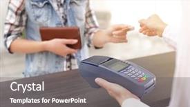  Presentation with banking bank vault door - Presentation theme consisting of retail operasation - woman using bank terminal background and a gray colored foreground