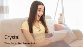  Presentation with online shopping - PPT theme having retail operasation - young woman shopping online background and a  colored foreground