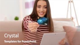  Presentation with online grocery shopping - Audience pleasing slides consisting of retail operasation - young woman shopping online backdrop and a  colored foreground