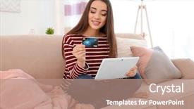  Presentation with online shopping - Theme featuring retail operasation - young woman shopping online background and a  colored foreground