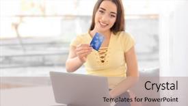  Presentation with online shopping - Amazing theme having retail operasation - young woman shopping online backdrop and a  colored foreground