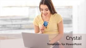  Presentation with cashback online shopping - Beautiful presentation featuring retail operasation - young woman shopping online backdrop and a  colored foreground